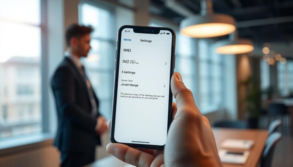 A close-up shot of a smartphone displaying the IMEI verification method, focusing on the device's screen showing the IMEI number and settings interface. In the foreground, the phone is held up by a professional-looking person in business attire, highlighting their hands operating the device. The middle ground shows a blurred background of a modern office setting with soft, natural lighting, creating an atmosphere of professionalism and clarity. The lighting is warm and inviting, with light reflections on the phone's screen enhancing its focus. The angle captures a dynamic view that draws attention to the phone, emphasizing ease of checking the IMEI quickly and efficiently.