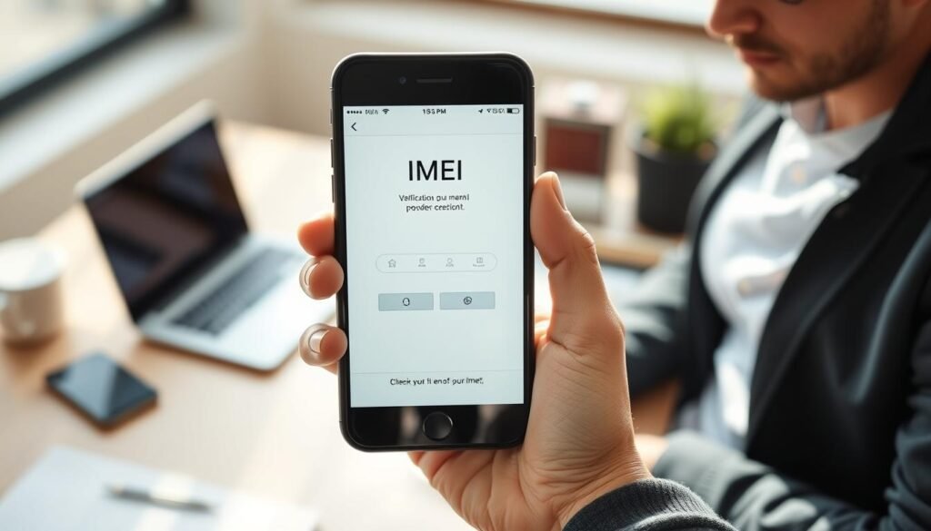 A close-up view of a smartphone held in a hand, displaying the IMEI verification screen. The foreground features a person in casual yet professional attire, focusing intently on the phone. In the middle, the smartphone shows a clear and informative interface with necessary icons for checking the IMEI. The background consists of a softly blurred table with a laptop and an organized workspace, emphasizing a tech-savvy atmosphere. The lighting is natural, coming from a nearby window, creating a warm and inviting mood. The image should convey a sense of clarity and focus on technology, suggesting a helpful, instructional theme without any text or overlays.