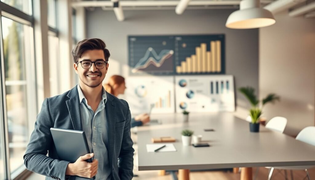 A confident young entrepreneur, dressed in smart casual attire, stands in the foreground, holding a laptop and smiling while discussing a business plan with a colleague. In the middle ground, a modern workspace with a large, sleek desk is adorned with notepads, pens, and a small plant, symbolizing organization and creativity. On the background wall, visually appealing charts and graphs represent growth and strategy, while large windows provide natural light, creating an open and inspiring atmosphere. The scene is bright and inviting, with warm lighting to enhance a sense of motivation and professionalism. The angle is slightly elevated, capturing both individuals engaged in conversation, reflecting the dynamics of starting a business while emphasizing teamwork and planning.