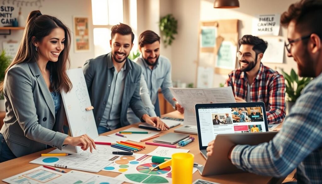 A creative business scene featuring a diverse group of young entrepreneurs brainstorming around a table filled with colorful sketches and supplies, representing a small startup with a budget of 1 million. In the foreground, a woman in professional attire points at a bright idea on a whiteboard. The middle ground shows a young man flipping through a financial report, while a laptop displays vibrant marketing visuals. The background suggests a cozy office space with plants and motivational posters. Warm, natural lighting streams through a window, creating an inviting atmosphere. The scene conveys excitement and collaboration, emphasizing innovation and entrepreneurship.