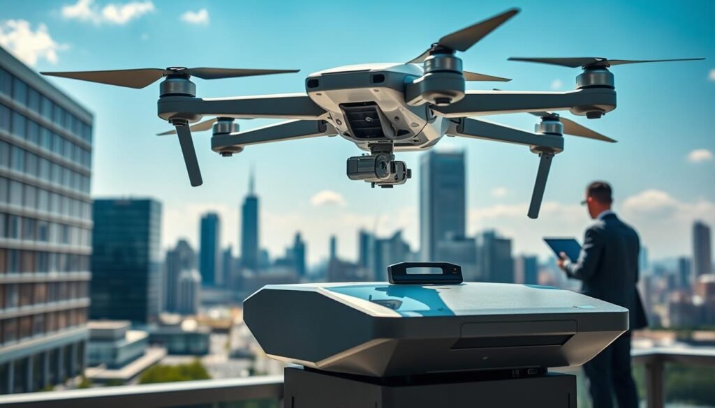 A cutting-edge anti-drone system displayed in a modern urban environment, showcasing advanced technology and innovative design. In the foreground, a sleek, high-tech drone detection device with antennas and sensor arrays, glinting under bright sunlight. In the middle ground, a professional security team in fitted uniforms monitors the system on digital screens, exuding a sense of control and vigilance. The background features a bustling cityscape with clear blue skies and distant skyscrapers, hinting at the importance of urban security. Soft, natural lighting enhances the atmosphere, projecting a future-oriented, secure feeling. The scene is captured from a slightly elevated angle to emphasize the device's superiority, creating an engaging and informative composition suitable for a security technology article. A cutting-edge anti-drone system displayed in a modern urban environment, showcasing advanced technology and innovative design. In the foreground, a sleek, high-tech drone detection device with antennas and sensor arrays, glinting under bright sunlight. In the middle ground, a professional security team in fitted uniforms monitors the system on digital screens, exuding a sense of control and vigilance. The background features a bustling cityscape with clear blue skies and distant skyscrapers, hinting at the importance of urban security. Soft, natural lighting enhances the atmosphere, projecting a future-oriented, secure feeling. The scene is captured from a slightly elevated angle to emphasize the device's superiority, creating an engaging and informative composition suitable for a security technology article.
