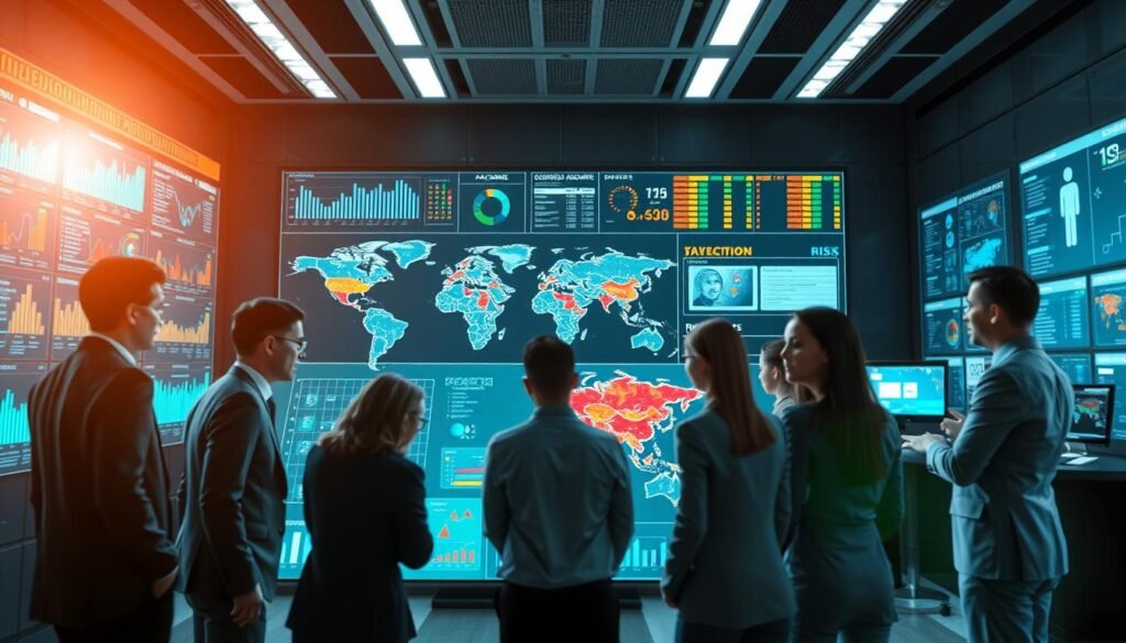 A dynamic scene showcasing a modern pandemic early warning system in action. In the foreground, a diverse group of professionals in business attire collaborates around a high-tech display board filled with graphs and data. The middle ground features a digital map illustrating global health threats, with highlighted risk zones in bright colors. In the background, a sleek, futuristic control center with multiple screens shows real-time data analytics, emphasizing urgency and preparedness. The lighting is bright and focused, conveying a sense of urgency and importance. A wide-angle view enhances the collaborative atmosphere, while a cool color palette adds a sense of seriousness and professionalism, reflecting the need for a robust warning system in response to pandemics.