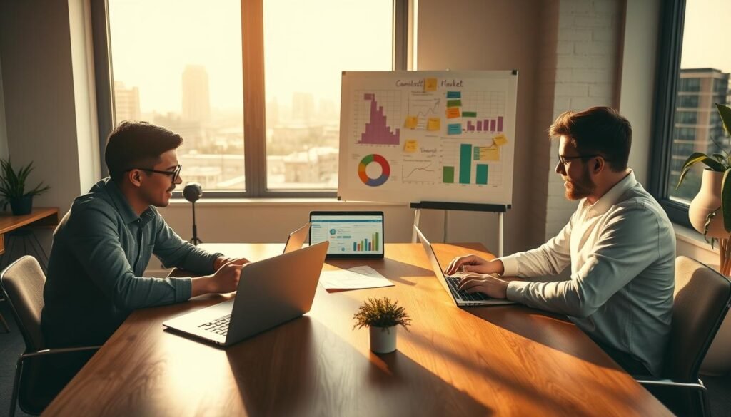 A focused market research scene in a cozy, modern office. In the foreground, a diverse group of three professionals—two men and one woman—sit around a wooden conference table, deeply engaged in analyzing colorful graphs and charts on their laptops. The middle ground features a whiteboard filled with post-it notes and detailed market analysis. In the background, a large window lets in warm natural light, revealing a cityscape, creating an inspiring atmosphere. Soft shadows highlight the professionals' thoughtful expressions, emphasizing the importance of research and collaboration in building a successful business. The mood is energetic and motivating, capturing the essence of taking the first steps towards entrepreneurship.