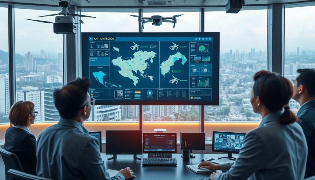A futuristic anti-drone application interface displayed on a high-tech screen within an operation control room. In the foreground, a diverse group of professionals in smart business attire engage with the interface, analyzing real-time drone tracking data on the screen, showcasing maps and alerts. The middle layer features state-of-the-art drone detection technology, like radar systems and control panels, seamlessly integrated into the room's design. The background displays large windows revealing a cityscape of Indonesia, with both urban architecture and lush greenery, hinting at the application’s local significance. Soft, ambient lighting creates a focused yet optimistic atmosphere, while a wide-angle perspective emphasizes the technology's advanced features. A futuristic anti-drone application interface displayed on a high-tech screen within an operation control room. In the foreground, a diverse group of professionals in smart business attire engage with the interface, analyzing real-time drone tracking data on the screen, showcasing maps and alerts. The middle layer features state-of-the-art drone detection technology, like radar systems and control panels, seamlessly integrated into the room's design. The background displays large windows revealing a cityscape of Indonesia, with both urban architecture and lush greenery, hinting at the application’s local significance. Soft, ambient lighting creates a focused yet optimistic atmosphere, while a wide-angle perspective emphasizes the technology's advanced features.