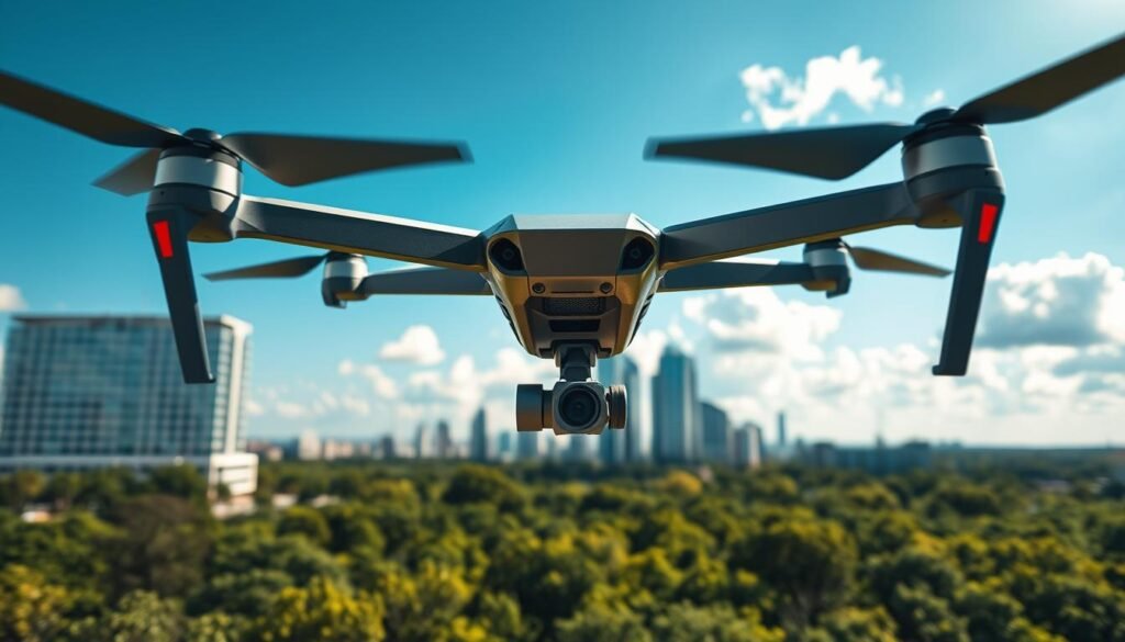 A groundbreaking Drone 360 8K, designed with sleek, futuristic lines and a glossy finish, hovers in a bright, expansive sky. The drone features advanced sensors and a rotating camera system that showcases its unique capabilities. In the foreground, the drone is captured in sharp detail, casting shadows on a lush green landscape below. The middle ground reveals a modern city skyline, with tall, glass buildings reflecting the sunlight. In the background, fluffy clouds float in a vivid blue sky, highlighting the drone's state-of-the-art technology. The scene is illuminated with bright, natural light, giving a sense of innovation and excitement. The atmosphere feels dynamic and forward-looking, embodying the cutting-edge spirit of technological advancements in air mobility.