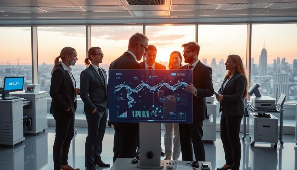 A high-tech laboratory scene depicting health intelligence and genome sequencing strategies. In the foreground, a diverse group of professionals in business attire are collaborating over a digital genome map displayed on a modern touchscreen interface. In the middle ground, advanced laboratory equipment, such as DNA sequencers and analysis tools, are arranged neatly. The background features a large window with a panoramic view of a city skyline at sunrise, casting soft, warm light into the room. The overall atmosphere is one of innovation and urgency, reflecting the importance of health security and collaborative efforts. The composition captures a sense of teamwork and determination in confronting national health threats.