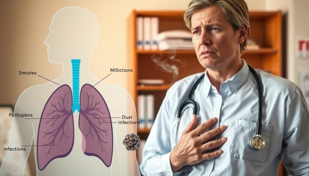 A medical scene illustrating the main causes of a persistent dry cough. In the foreground, a close-up of a human respiratory system diagram with labels indicating potential irritants like pollutants, allergens, and infections. The middle ground features a worried adult in professional attire, holding their throat, symbolizing discomfort, while surrounded by visual representations of smoke, dust, and pollen. In the background, a softly lit clinic environment, with a shelf of medical books and charts, enhances the informative atmosphere. The lighting is warm and soft, creating a serious yet hopeful mood, suggesting that solutions are available. The focus is sharp on the respiratory diagram and the person, while the background is subtly blurred to emphasize the subject. A medical scene illustrating the main causes of a persistent dry cough. In the foreground, a close-up of a human respiratory system diagram with labels indicating potential irritants like pollutants, allergens, and infections. The middle ground features a worried adult in professional attire, holding their throat, symbolizing discomfort, while surrounded by visual representations of smoke, dust, and pollen. In the background, a softly lit clinic environment, with a shelf of medical books and charts, enhances the informative atmosphere. The lighting is warm and soft, creating a serious yet hopeful mood, suggesting that solutions are available. The focus is sharp on the respiratory diagram and the person, while the background is subtly blurred to emphasize the subject.