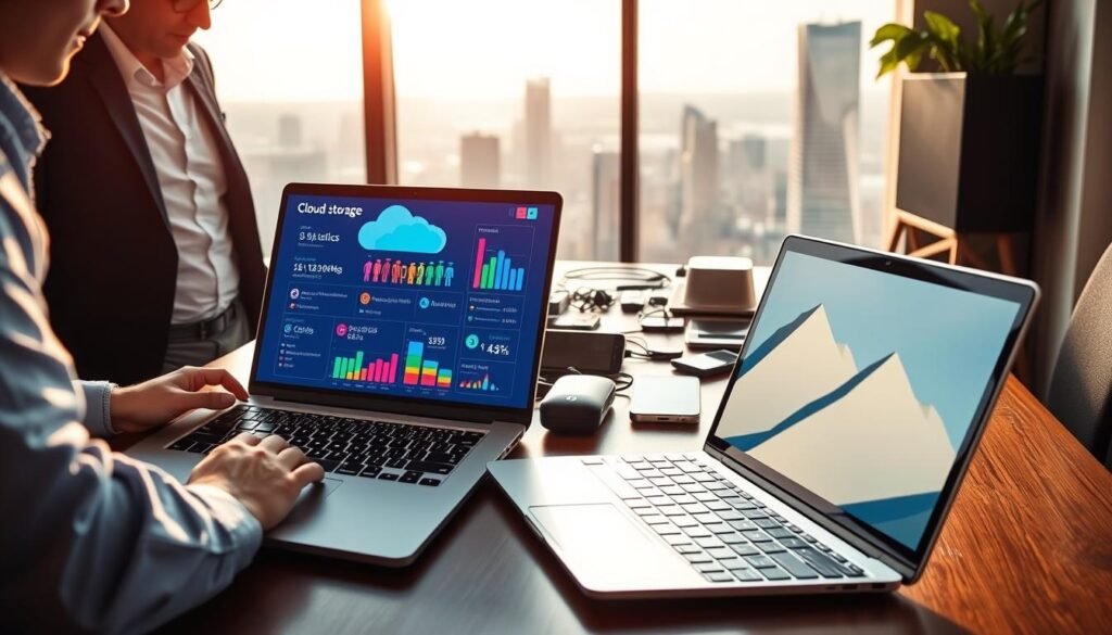 A modern digital workspace showcasing "cloud storage optimization." In the foreground, a sleek laptop open to a vibrant interface displaying cloud storage statistics, with colorful graphs and data analysis. To the left, a person in smart casual attire, intently focused on the screen, their fingers poised above the keyboard, surrounded by tech gadgets. In the middle ground, a stylish desk cluttered with digital devices like tablets and smartphones, all connected through a network hub. The background features a panoramic window with a city skyline, bathed in warm afternoon light streaming in, enhancing the atmosphere of productivity and innovation. Soft shadows and highlights create a dynamic yet professional vibe, perfect for illustrating enhanced mobile performance. A modern digital workspace showcasing "cloud storage optimization." In the foreground, a sleek laptop open to a vibrant interface displaying cloud storage statistics, with colorful graphs and data analysis. To the left, a person in smart casual attire, intently focused on the screen, their fingers poised above the keyboard, surrounded by tech gadgets. In the middle ground, a stylish desk cluttered with digital devices like tablets and smartphones, all connected through a network hub. The background features a panoramic window with a city skyline, bathed in warm afternoon light streaming in, enhancing the atmosphere of productivity and innovation. Soft shadows and highlights create a dynamic yet professional vibe, perfect for illustrating enhanced mobile performance.
