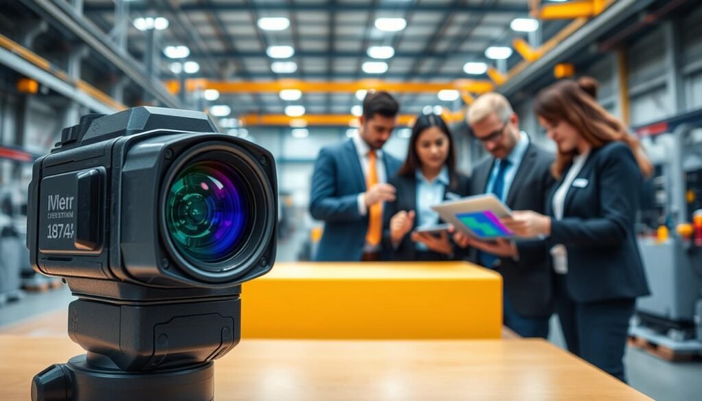 A modern industrial setting showcasing the benefits of thermal cameras for enhancing efficiency. In the foreground, focus on a detailed thermal camera design with a sleek, high-tech appearance, highlighting its lens and display screen. The middle ground features a diverse group of professionals in business attire, actively analyzing thermal images on a laptop and discussing data, conveying collaboration and innovation. In the background, show a large industrial facility with machinery and equipment, subtly emphasizing the thermal camera's application in monitoring and optimizing operations. Use bright, even lighting to create a clear atmosphere, with a soft-focus effect on the background to draw attention to the camera and the professionals. Aim for a mood of efficiency and technological advancement.