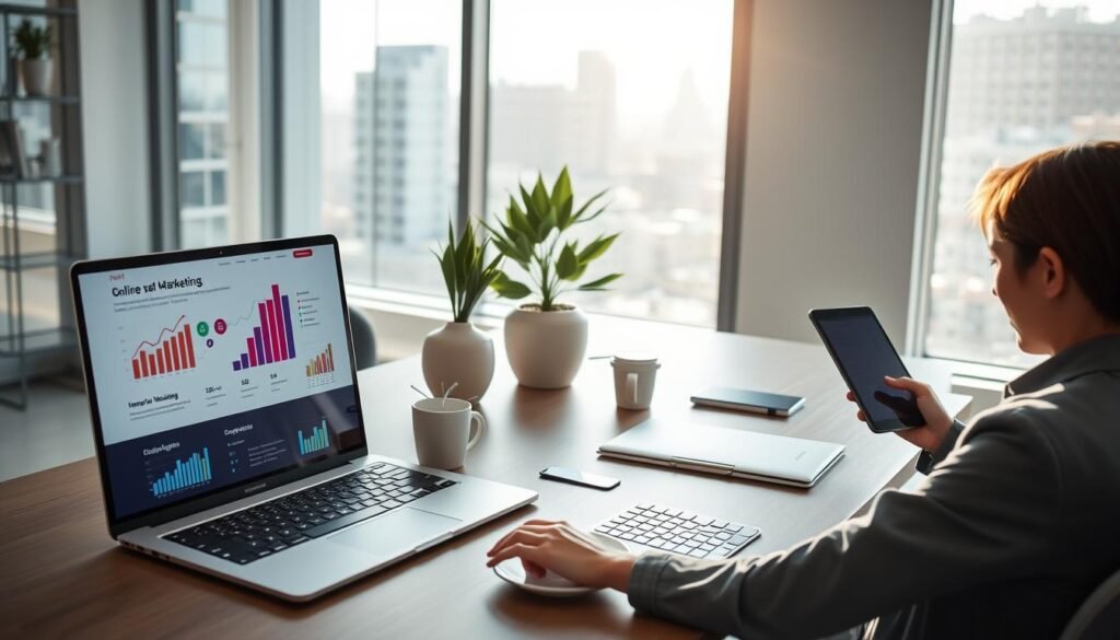 A modern, sleek office environment focusing on a website for an online business. In the foreground, a laptop displaying a vibrant, user-friendly website design with graphs and digital marketing visuals. A person in professional attire, seated at a tidy desk, is engaged in the website creation process, using a tablet and taking notes. In the middle, a stylish decorative plant and a coffee cup add warmth to the workspace. In the background, a bright window reveals a cityscape, with natural sunlight flooding the room, creating a positive and dynamic atmosphere. The mood conveys innovation and professional success, with a clear depth of field, shot from a slightly elevated angle to encompass the workspace.