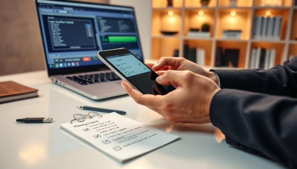 A modern smartphone placed on a clean, minimalist desk, surrounded by various tools for diagnosing and cleaning memory, such as a laptop displaying a diagnostic software interface. In the foreground, a pair of hands in professional business attire are holding the phone, inspecting its screen with a focused expression. The middle ground features a notepad with a checklist of memory-clearing steps and a few tech gadgets like a USB cable and cleaning cloth. The background shows soft-focused shelves with tech books and minimal decor, illuminated by warm, ambient lighting to create a calm, productive atmosphere. The angle captures the hands and phone prominently, giving a sense of action and engagement in the memory-cleaning process. A modern smartphone placed on a clean, minimalist desk, surrounded by various tools for diagnosing and cleaning memory, such as a laptop displaying a diagnostic software interface. In the foreground, a pair of hands in professional business attire are holding the phone, inspecting its screen with a focused expression. The middle ground features a notepad with a checklist of memory-clearing steps and a few tech gadgets like a USB cable and cleaning cloth. The background shows soft-focused shelves with tech books and minimal decor, illuminated by warm, ambient lighting to create a calm, productive atmosphere. The angle captures the hands and phone prominently, giving a sense of action and engagement in the memory-cleaning process.