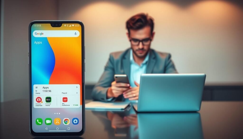 A modern smartphone with an Android interface displayed prominently in the foreground, showcasing efficient app management features. The screen is vibrant, showing organized app icons with clear labeling and a performance dashboard. In the middle ground, a professional individual, dressed in smart casual attire, is sitting at a sleek desk, engaged in optimizing the apps on the device, their expression focused and determined. The background features a minimalistic office environment with soft, diffused lighting creating a calm and productive atmosphere, while a subtle bokeh effect adds depth. The overall mood conveys efficiency and professionalism, perfect for illustrating app management strategies to enhance smartphone performance. A modern smartphone with an Android interface displayed prominently in the foreground, showcasing efficient app management features. The screen is vibrant, showing organized app icons with clear labeling and a performance dashboard. In the middle ground, a professional individual, dressed in smart casual attire, is sitting at a sleek desk, engaged in optimizing the apps on the device, their expression focused and determined. The background features a minimalistic office environment with soft, diffused lighting creating a calm and productive atmosphere, while a subtle bokeh effect adds depth. The overall mood conveys efficiency and professionalism, perfect for illustrating app management strategies to enhance smartphone performance.