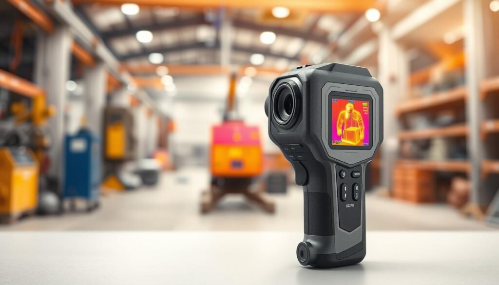 A modern thermal camera is displayed prominently in the foreground, showcasing its sleek design and advanced features such as a high-resolution lens, LCD display, and ergonomic grip. The camera's body is made of durable, lightweight materials, with buttons and connectors clearly visible. In the middle ground, a blurred industrial setting, like a manufacturing facility or construction site, demonstrates the camera in action, capturing thermal images of machinery or building structures. Soft, diffused lighting enhances the scene, creating a professional atmosphere, while a slight vignette draws focus to the camera. The background is softly focused, suggesting depth and context, with hints of equipment and tools hinting at its practical uses. The mood is innovative and technical, highlighting the camera as a state-of-the-art solution for modern industrial needs.