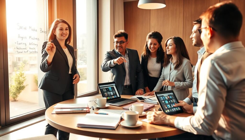 A professional office setting featuring a diverse group of men and women engaged in a brainstorming session about social media promotional strategies for small businesses. In the foreground, a woman in smart business attire is writing ideas on a glass board, while a man points at a laptop displaying social media analytics. In the middle, a round table cluttered with notebooks, coffee cups, and a smartphone showing social media icons. The background features a large window with sunlight streaming in, creating a bright and optimistic atmosphere. Warm lighting enhances the sense of collaboration and productivity, evoking a feeling of innovation and community. The scene captures the essence of effective marketing strategies in a vibrant, dynamic workspace.