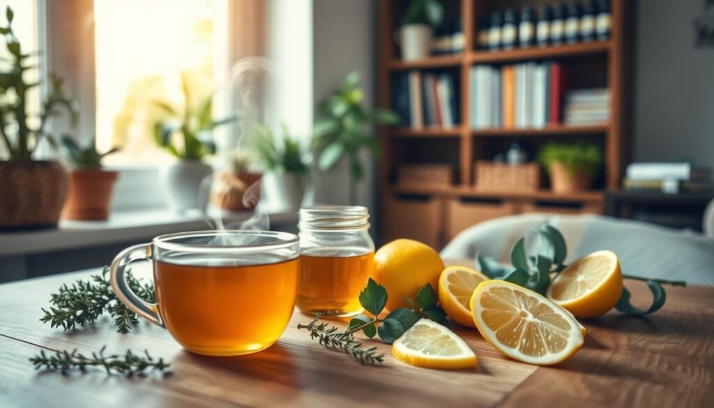 A serene and inviting home remedy scene depicting various natural solutions for persistent dry coughs. In the foreground, a wooden table features a steaming cup of herbal tea, a honey jar, and fresh lemon wedges, with sprigs of thyme and eucalyptus placed artfully around. In the middle ground, a soothing, warm light filters through a window, illuminating a cozy space with plants and soothing colors. The background shows a well-organized shelf with herbal books and essential oils, emphasizing a sense of calm and wellness. The atmosphere is peaceful and encouraging, inviting the viewer to consider these remedies. The image is captured from a slightly elevated angle, giving a balanced view of the table and the surrounding elements, with soft focus on the background to enhance depth. A serene and inviting home remedy scene depicting various natural solutions for persistent dry coughs. In the foreground, a wooden table features a steaming cup of herbal tea, a honey jar, and fresh lemon wedges, with sprigs of thyme and eucalyptus placed artfully around. In the middle ground, a soothing, warm light filters through a window, illuminating a cozy space with plants and soothing colors. The background shows a well-organized shelf with herbal books and essential oils, emphasizing a sense of calm and wellness. The atmosphere is peaceful and encouraging, inviting the viewer to consider these remedies. The image is captured from a slightly elevated angle, giving a balanced view of the table and the surrounding elements, with soft focus on the background to enhance depth.