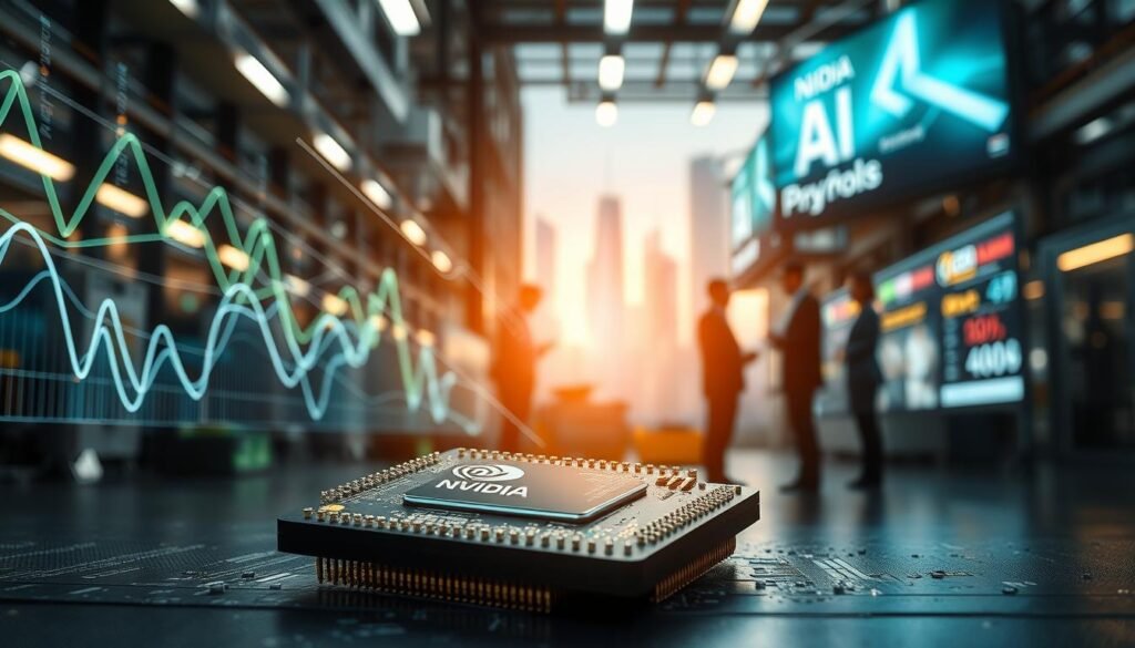 A sleek, modern Nvidia chip sits prominently in the foreground, glistening under bright, focused LED lighting that highlights its intricate circuitry and design. Surrounding the chip, a series of abstract graphs and digital data streams swirl, symbolizing the flow of AI technology and export dynamics. In the middle ground, a blurred silhouette of a high-tech factory or warehouse suggests the manufacturing process, with employees in professional business attire engaged in discussions, underscoring the theme of innovation and commerce in technology. The background features a softly lit skyline of a futuristic city, with digital billboards promoting AI advancements, evoking a sense of progress and optimism in the tech industry. The overall atmosphere is vibrant and forward-thinking, showcasing the importance of AI chip exports in today's economy.