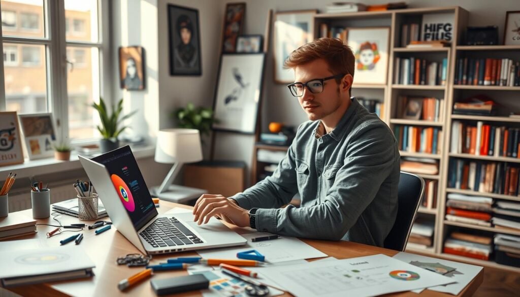A student in casual yet professional attire, sitting at a modern desk cluttered with design tools, a laptop displaying vibrant graphic design software, and sketches scattered around. The student is focused, working on a logo design with bright colors and creative elements. In the background, a cozy study environment with bookshelves filled with design books, framed art prints on the walls, and soft natural lighting coming through a window, casting gentle shadows. The mood is motivating and industrious, capturing the essence of entrepreneurial spirit among students aiming for success with minimal investment. A wide-angle view emphasizes the workspace, showcasing a harmonious blend of creativity and practicality.
