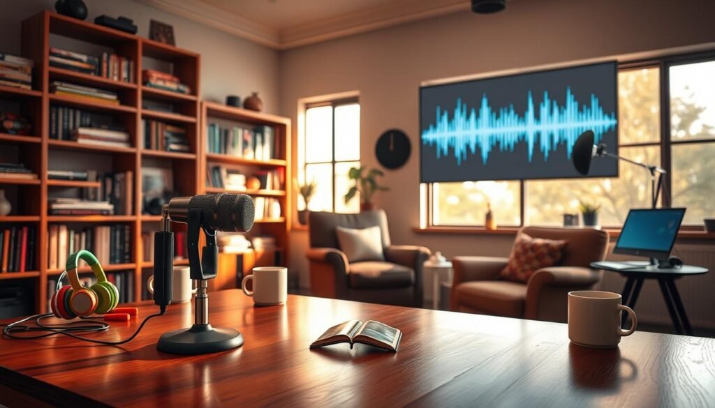 A vibrant and engaging scene depicting a cozy podcast studio, highlighting the essence of popular Indonesian podcasts. In the foreground, a sleek microphone sits on a polished wooden table surrounded by colorful headphones and coffee mugs, symbolizing a creative environment. The middle ground features a comfortable armchair next to an inviting bookshelf filled with podcast-related books and memorabilia. In the background, large windows allow warm, natural light to flood the room, casting soft shadows and creating an inviting atmosphere. A digital display on the wall showcases sound wave graphics, enhancing the theme of audio production. The overall mood is friendly, inspiring, and perfect for aspiring podcasters, reflecting the dynamism of Indonesia's podcast culture. A vibrant and engaging scene depicting a cozy podcast studio, highlighting the essence of popular Indonesian podcasts. In the foreground, a sleek microphone sits on a polished wooden table surrounded by colorful headphones and coffee mugs, symbolizing a creative environment. The middle ground features a comfortable armchair next to an inviting bookshelf filled with podcast-related books and memorabilia. In the background, large windows allow warm, natural light to flood the room, casting soft shadows and creating an inviting atmosphere. A digital display on the wall showcases sound wave graphics, enhancing the theme of audio production. The overall mood is friendly, inspiring, and perfect for aspiring podcasters, reflecting the dynamism of Indonesia's podcast culture.