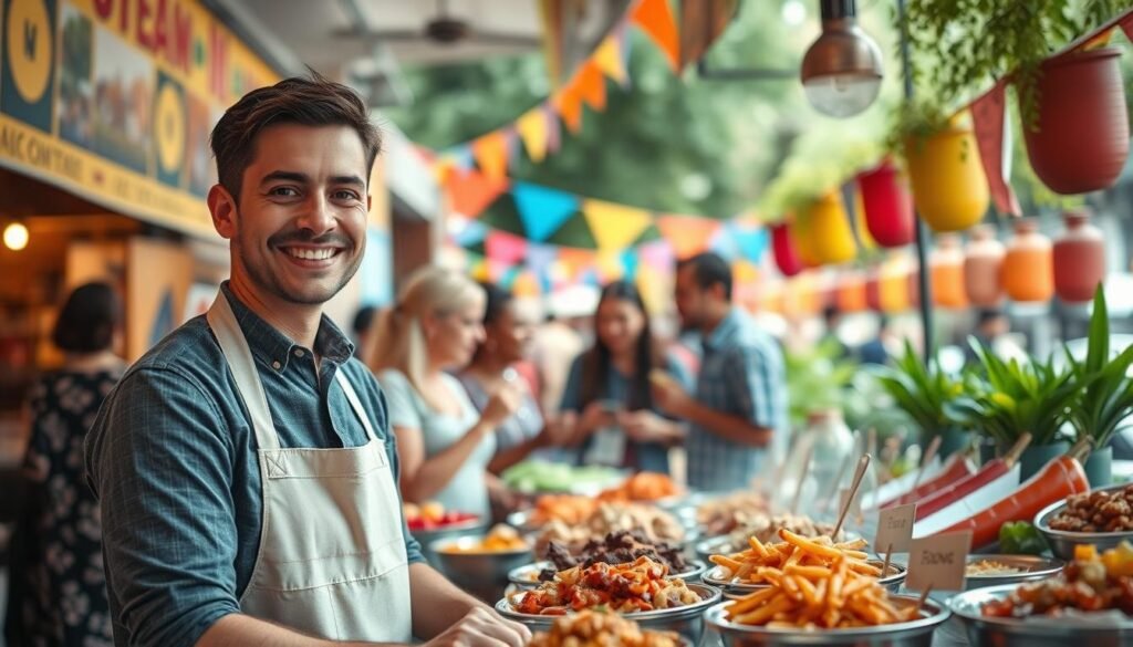 A vibrant food market scene showcasing diverse culinary offerings, focusing on a small, inviting food stall with rich, colorful dishes that emphasize local flavors. In the foreground, a smiling vendor in a professional apron serves customers with a warm expression, representing engagement with the target audience. In the middle, people of various backgrounds sample food and chat, highlighting community interaction. The background features a sunny day with colorful banners and plants, giving a sense of liveliness and optimism. Use soft, diffused lighting to create an inviting atmosphere, taken from a slight low angle to emphasize the stall and its diverse clientele. The mood is friendly and approachable, ideal for illustrating effective market targeting strategies. A vibrant food market scene showcasing diverse culinary offerings, focusing on a small, inviting food stall with rich, colorful dishes that emphasize local flavors. In the foreground, a smiling vendor in a professional apron serves customers with a warm expression, representing engagement with the target audience. In the middle, people of various backgrounds sample food and chat, highlighting community interaction. The background features a sunny day with colorful banners and plants, giving a sense of liveliness and optimism. Use soft, diffused lighting to create an inviting atmosphere, taken from a slight low angle to emphasize the stall and its diverse clientele. The mood is friendly and approachable, ideal for illustrating effective market targeting strategies.