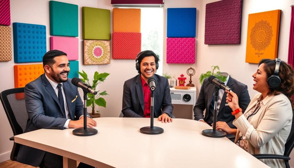 A vibrant, lively podcast studio scene featuring a diverse group of three hosts engaged in a comedic discussion. In the foreground, they are seated around a sleek, modern table with microphones in front of them. Each host is dressed in professional business casual attire, with expressions of joy and laughter. The middle ground shows colorful soundproof panels adorning the walls, and a couple of playful props related to Batak culture, like traditional patterns and motifs. The background includes a large window with soft, natural light streaming in, creating a warm and inviting atmosphere. The overall mood is humorous and engaging, perfect for a comedy podcast focused on absurdity, capturing the essence of entertaining Batak absurdism. A vibrant, lively podcast studio scene featuring a diverse group of three hosts engaged in a comedic discussion. In the foreground, they are seated around a sleek, modern table with microphones in front of them. Each host is dressed in professional business casual attire, with expressions of joy and laughter. The middle ground shows colorful soundproof panels adorning the walls, and a couple of playful props related to Batak culture, like traditional patterns and motifs. The background includes a large window with soft, natural light streaming in, creating a warm and inviting atmosphere. The overall mood is humorous and engaging, perfect for a comedy podcast focused on absurdity, capturing the essence of entertaining Batak absurdism.