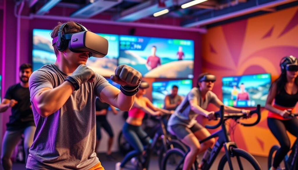 A vibrant virtual reality fitness game scene featuring a diverse group of individuals engaged in interactive sports activities. In the foreground, a person wearing a VR headset performs an energetic boxing move, clad in comfortable athletic wear, showcasing determination and focus. In the middle ground, another participant is engaged in a virtual cycling challenge, with futuristic graphics and immersive virtual landscapes surrounding them, indicating a high level of interactivity and engagement. The background reveals a dynamic, high-tech gym environment adorned with colorful screens displaying workout stats and avatars. The lighting is bright and energetic, simulating a lively sports atmosphere. The overall mood is exciting and motivational, inviting viewers to experience the thrill of interactive VR fitness gaming.