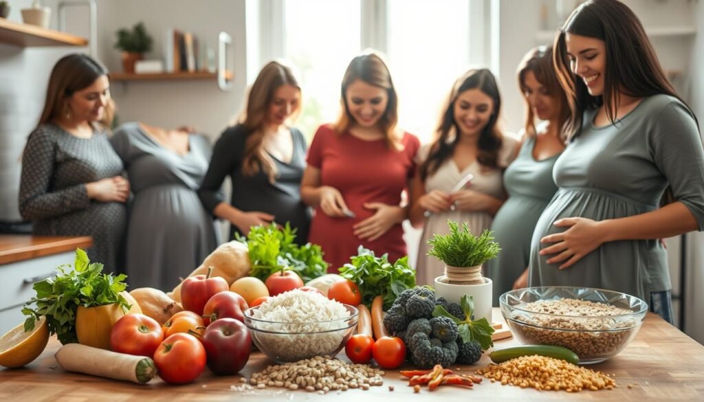 A well-lit kitchen scene featuring a diverse group of pregnant women, dressed in comfortable, modest clothing, engaging in meal preparation. In the foreground, vibrant fruits, whole grains, and nutritious vegetables are arranged on a wooden table, symbolizing essential macro-nutrients for expecting mothers. In the middle background, one woman is chopping vegetables, while another is measuring rice and legumes, showing teamwork and the importance of nutrition. Bright natural light streams through a window, creating a warm, inviting atmosphere that emphasizes health and wellness. The overall mood is uplifting and supportive, highlighting the joy of nurturing both mother and baby through wholesome food choices. The image should have a soft focus on the background with sharp details in the foreground to draw attention to the healthy foods.