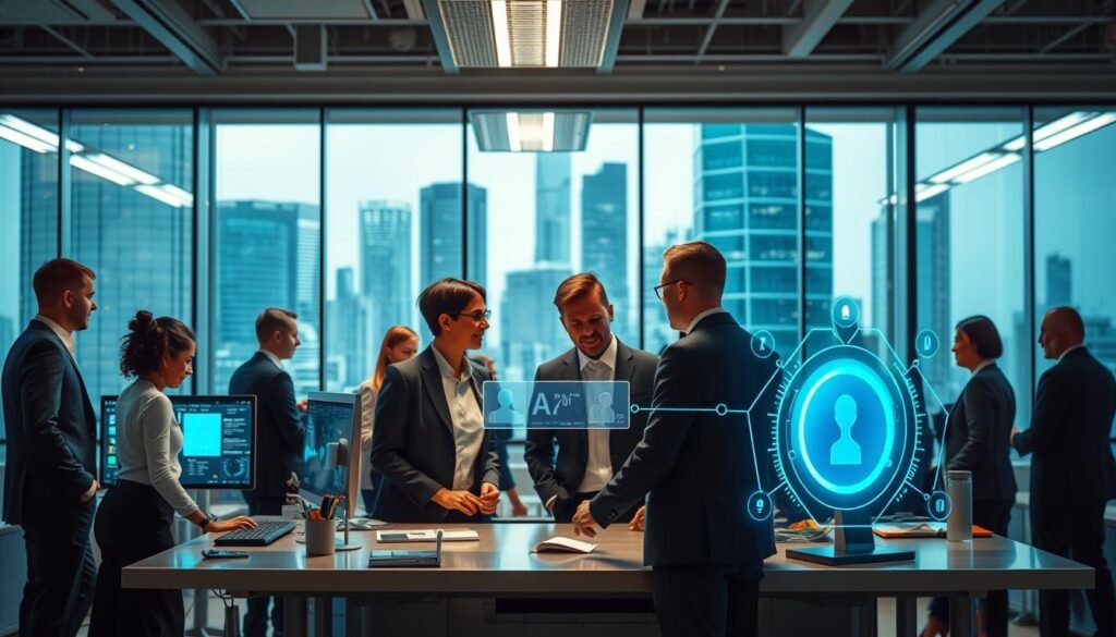 A modern office environment featuring advanced AI technology and customer experience automation tools. In the foreground, a diverse group of business professionals, dressed in smart business attire, collaborate around a sleek, high-tech workstation with screens displaying data analytics and customer interaction metrics. In the middle ground, an interactive digital assistant interface responds to customer inquiries, highlighting seamless integration of AI. The background shows a futuristic cityscape through large glass windows, symbolizing technological advancement. The lighting is bright and inviting, creating a dynamic atmosphere that promotes innovation and collaboration. The overall mood is one of efficiency and progress, showcasing the impact of technology on enhancing customer experiences.