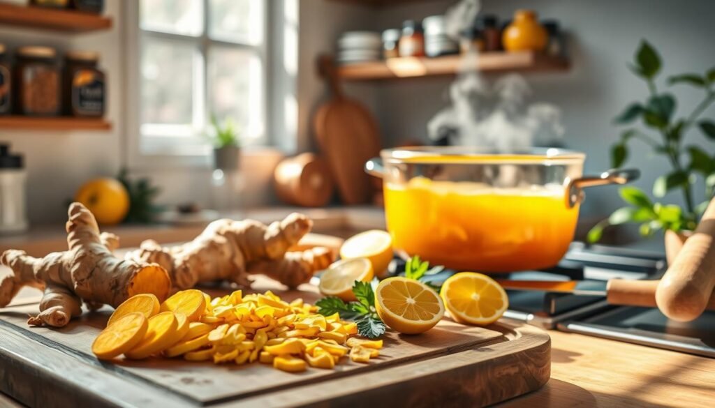 A vibrant kitchen scene highlighting the practical preparation of ginger, turmeric, and temulawak. In the foreground, a wooden cutting board features freshly sliced ginger and turmeric rhizomes, alongside whole temulawak roots, with a knife and mortar and pestle nearby. The middle ground includes a pot on the stove, bubbling with a golden broth infused with the spices, while a handful of fresh herbs and citrus slices are artfully arranged. Natural light streams through a window, casting soft shadows and creating a warm, inviting atmosphere. The background reveals shelves filled with jars of spices and a leafy plant for a touch of greenery, enhancing the overall mood of healthy cooking. Emphasize a cozy, homey feel that encourages wellness.