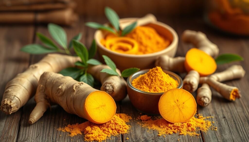 A vibrant still life composition showcasing the health benefits of turmeric, specifically highlighting curcumin. In the foreground, feature a bright yellow turmeric root, sliced to reveal its vivid flesh, surrounded by a small bowl of turmeric powder. Include fresh ginger roots with a similar rich color palette to create harmony. In the middle ground, incorporate leaves and medicinal herbs, symbolizing natural health remedies, subtly blending with the turmeric theme. The background should be softly blurred, featuring wooden surfaces and earthy tones to evoke a warm, cozy atmosphere. Soft, natural lighting enhances the golden hues of the turmeric and ginger, providing a fresh, inviting mood. Focus the scene from a slight overhead angle to capture all elements elegantly.